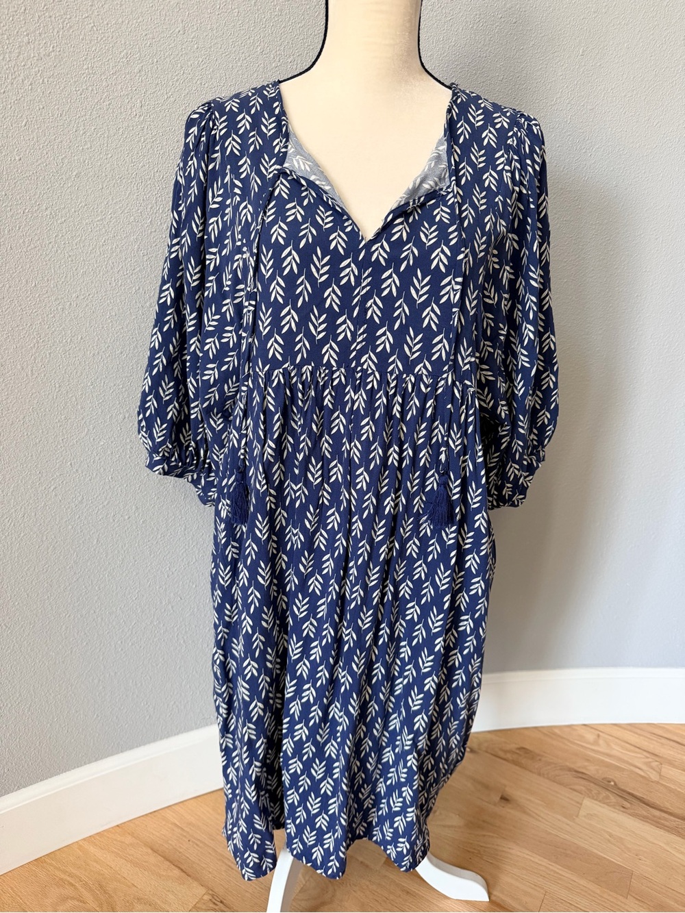 Angels Forever Young Blue White Leaf Print Boho Midi Dress L